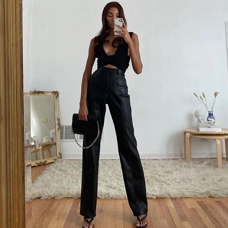 

KQ-339 New fashion solid color PU leather wide leg trousers with pockets casual straight long pants, As picture
