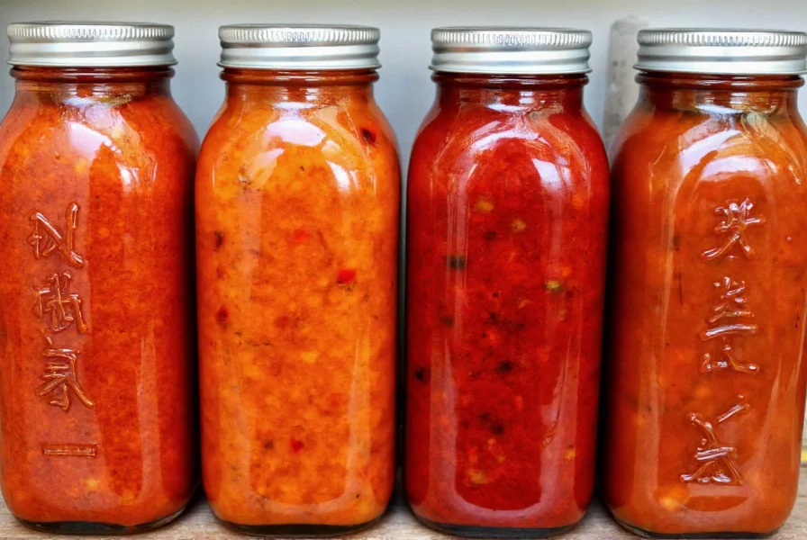 Comparison of authentic Chinese chili sauce varieties showing different colors and textures in clear glass containers