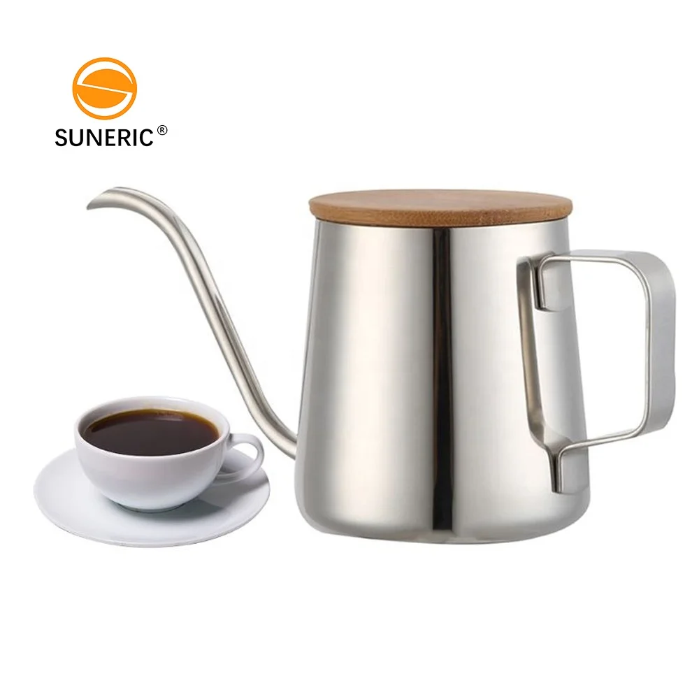 

Long Spout Hanging Ears Wood Lid Coffee Pot Portable Stainless Steel Hand Drip Gooseneck Pour Over Coffee Kettle, Silver