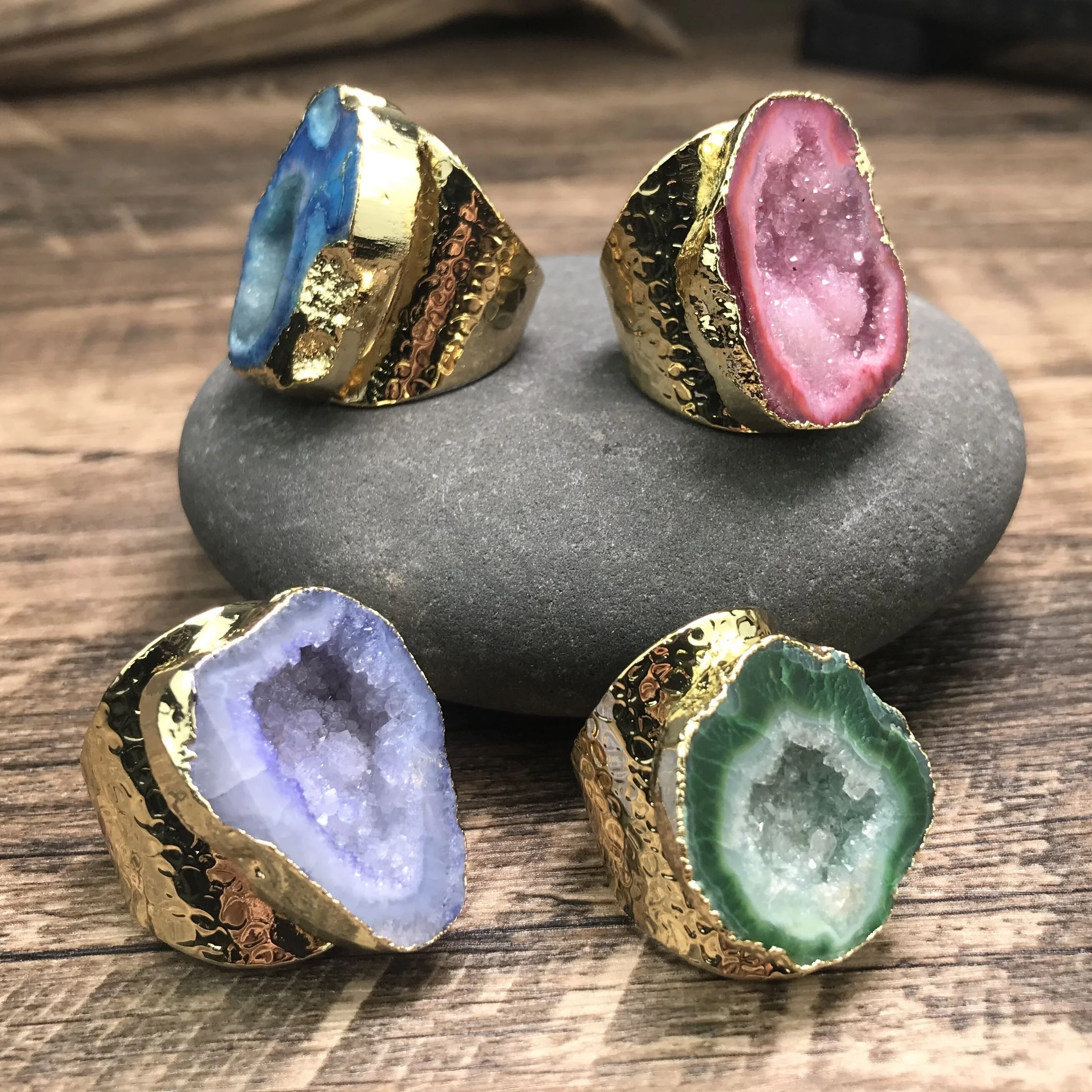 

LS-A1006 natural druzy stone ring raw big stone multi color ring gold plated fashion handmade wholesale ring jewelry