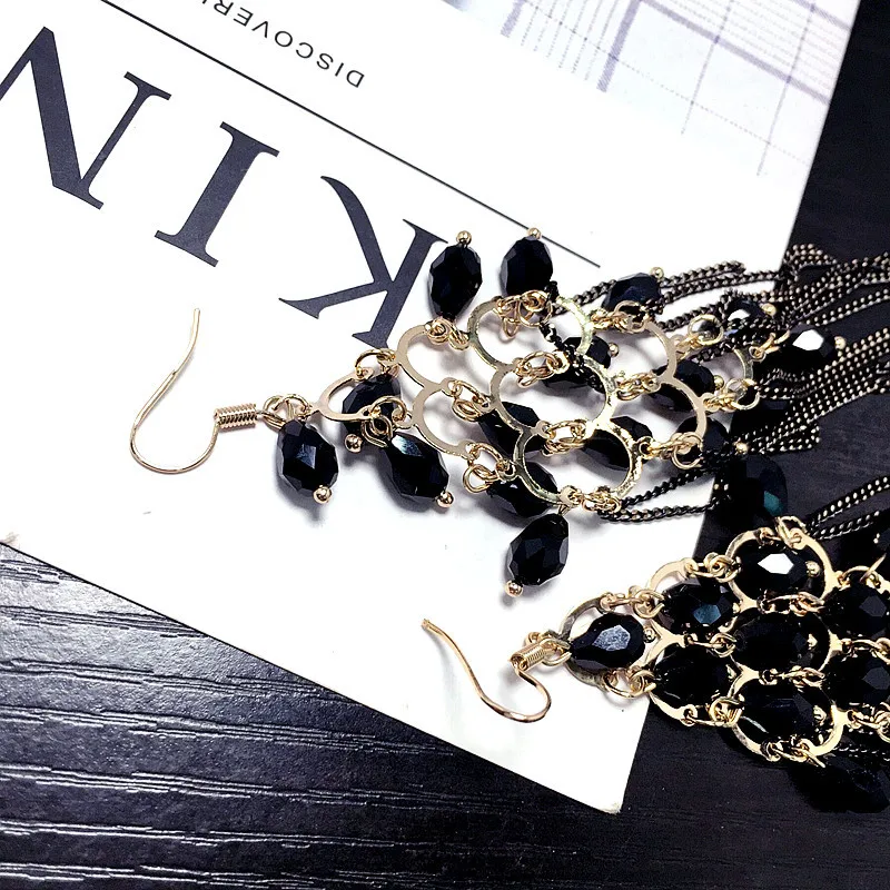 

2020 Bling Bling Long Tassel Earrings Women New Fashion Earrings Black Crystal Earrings For Girls, As picture