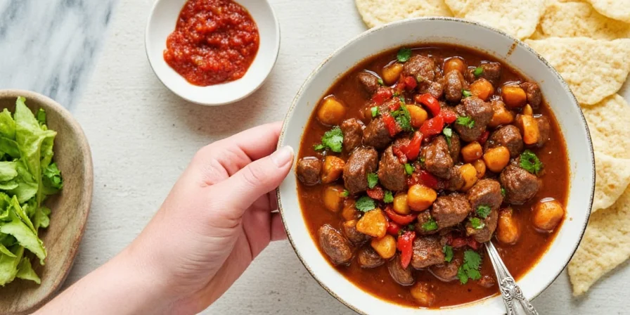 Mexican beef stew served in a ceramic bowl with tortillas on the side