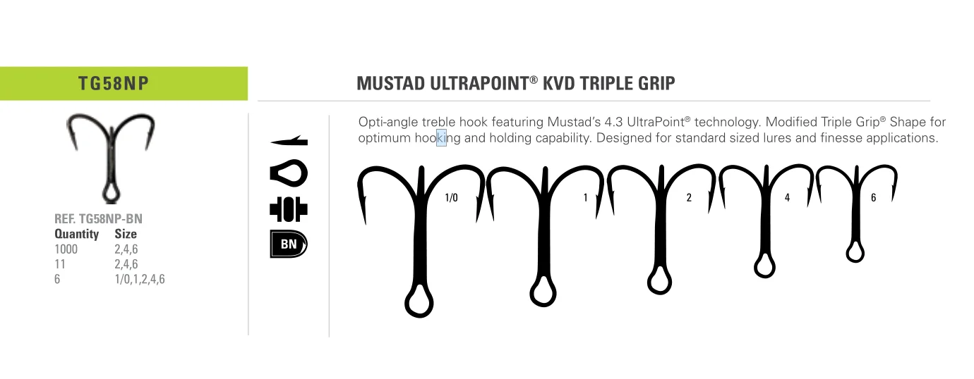 36-Mustad KVD Ultra Point Elite Treble #8 BN 1X Strong 6 packs of 6ea  TR78NP-BN 