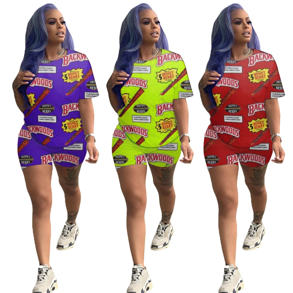 

Custom new arrival Fashion print sexy short sleeve hot shorts plus size 2 piece sets, As picture