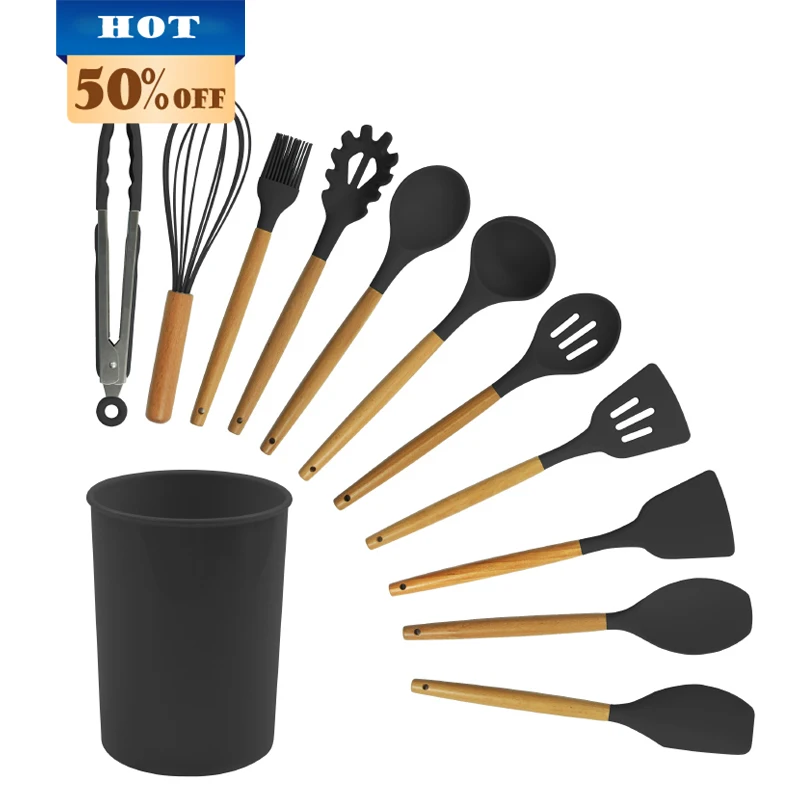 

innovative 12 pieces Non-stick western utensils set beech wood handle silicon kitchen utensil cooking tool