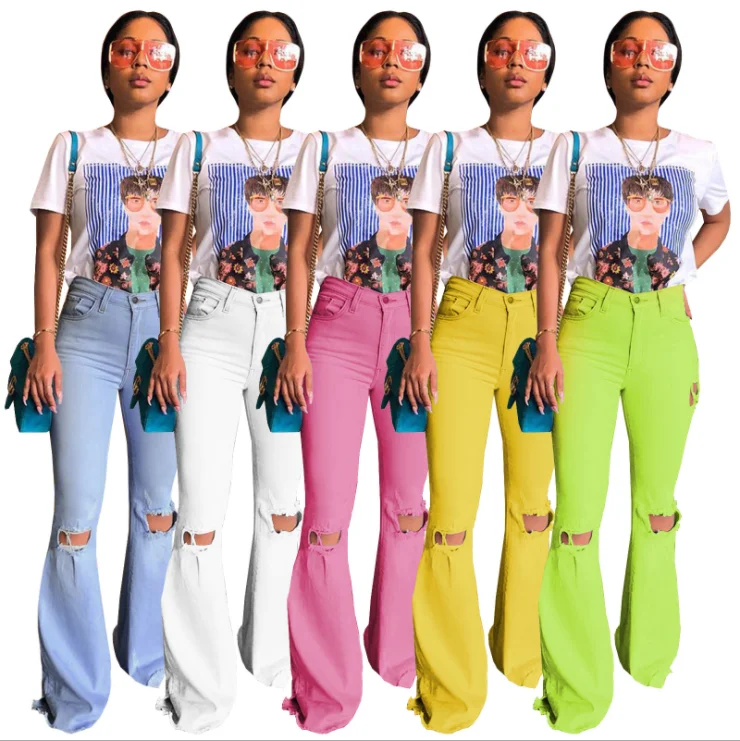 

FM-Y159 Wholesale Custom fabrics jeans Women Jeans Distressed Bell Bottom Wide Leg Denim Jeans Ladies Pants