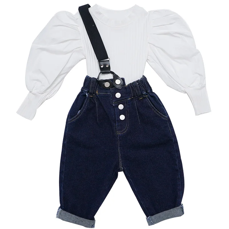 

Long Bubble Sleeve Suspender Jeans Pants suit Autumn 2021 New Top Two Pieces set girls clothing sets for hot selling, As pic shows, we can according to your request also