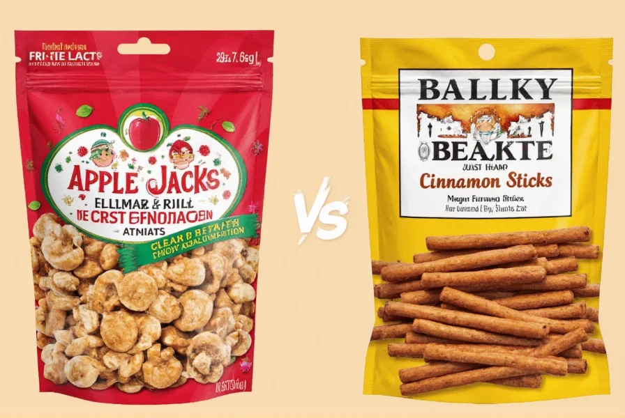Close-up comparison of cinnamon sticks next to cinnamon-flavored cereal pieces showing the physical difference between whole spice and processed cereal