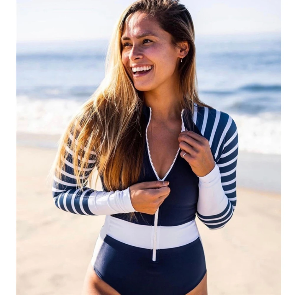 

Long Sleeves Women One Piece Swimsuit Floral Swimwear Vintage Striped Monokini Backless Flamingo Bathing Suit Bodysuit Bain S-XL