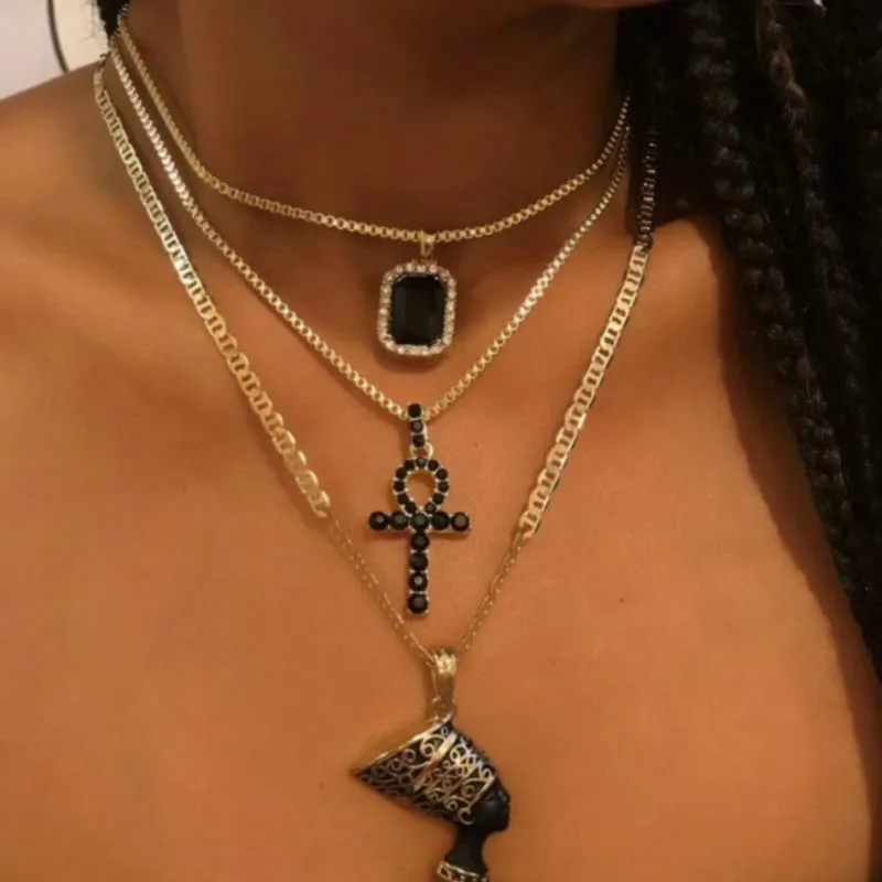 

2020 New Fashion Black Egypt Pharaoh Head Cross Pendant Necklace Multi Layer Crystal Queen Nefertiti Necklace, As picture