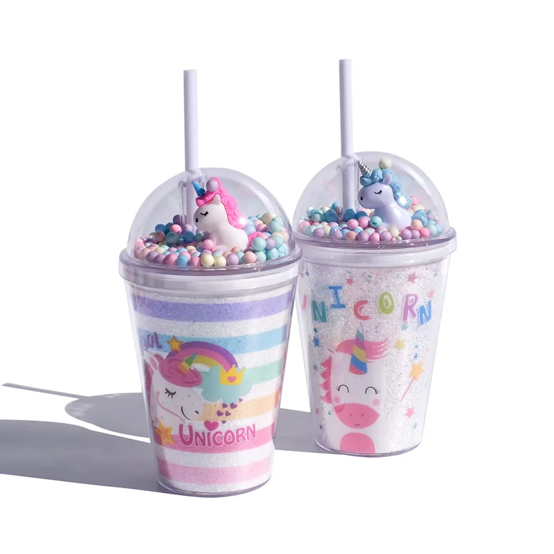 

380ml Cute Cartoon Girl Kid sipper bottle Water Bottle Plastic Sports Double-layer tumbler Unicorn Kids Water Cup with Straw