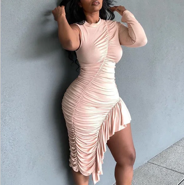 

Autumn Personality Sexy Pink Pleated Irregular Lady Casual Dresses