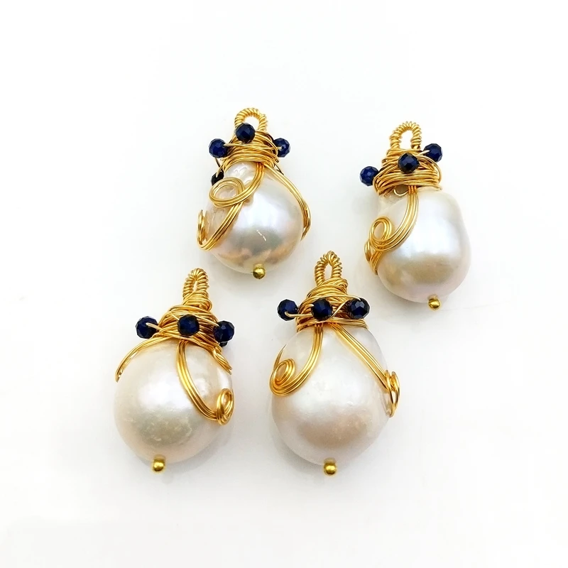 

Fantasy Jewelry Natural Baroque Pearls DIY Beads Gold Plated Wire Wrapped Cultured Freshwater Pearl Pendant For Earring Making, White natural pendant