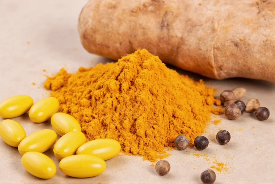 Turmeric supplement capsules next to fresh turmeric root and black pepper