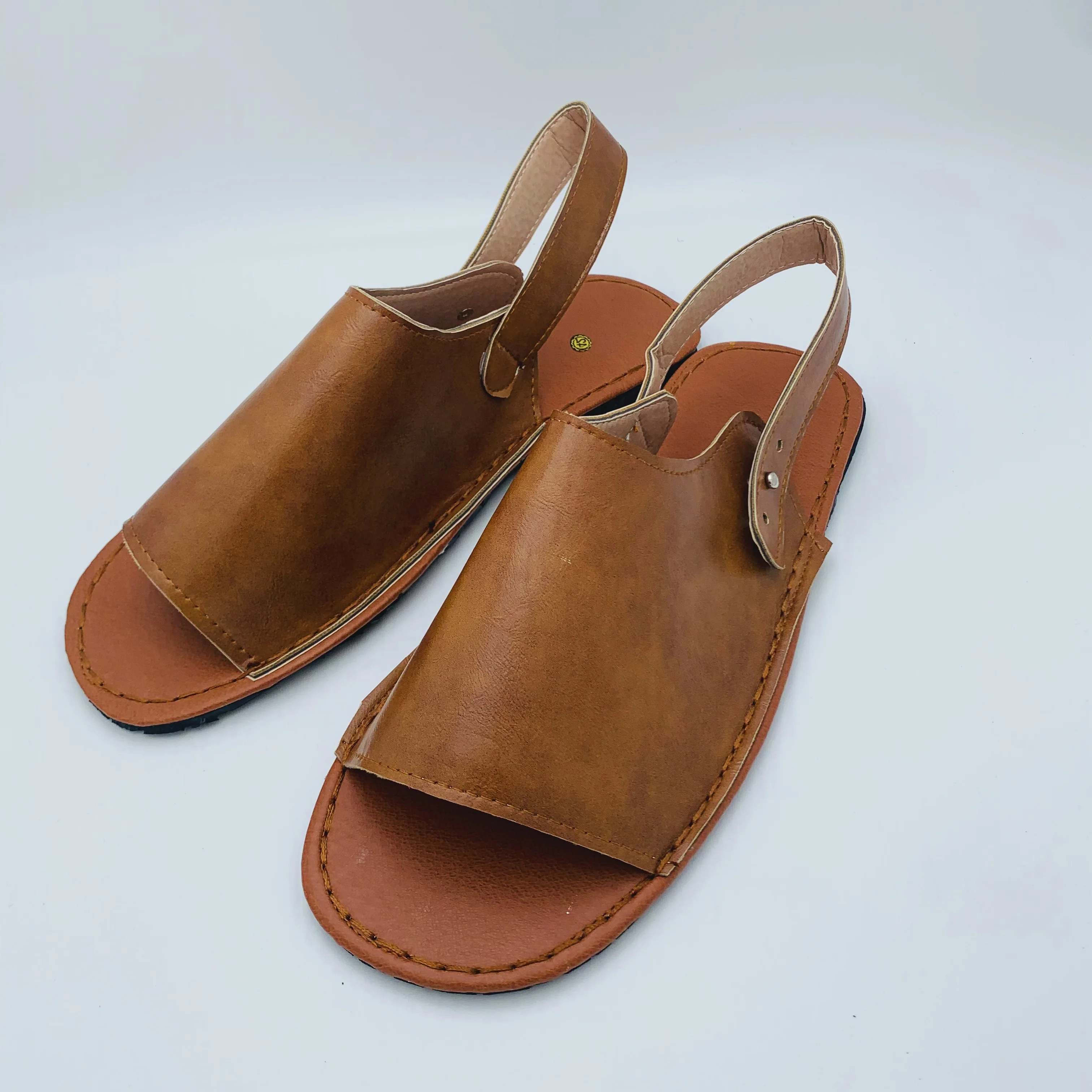 

Summer Retro Mens Leather Beach Outdoor Shoes Round Toe Brown Slingback Sandals