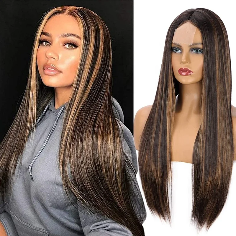 

LK Synthetic Blend Wig Extension Heat Resistant Ombre Long Straight Highlight Brown For Black Women Lace Front Synthetic Wigs