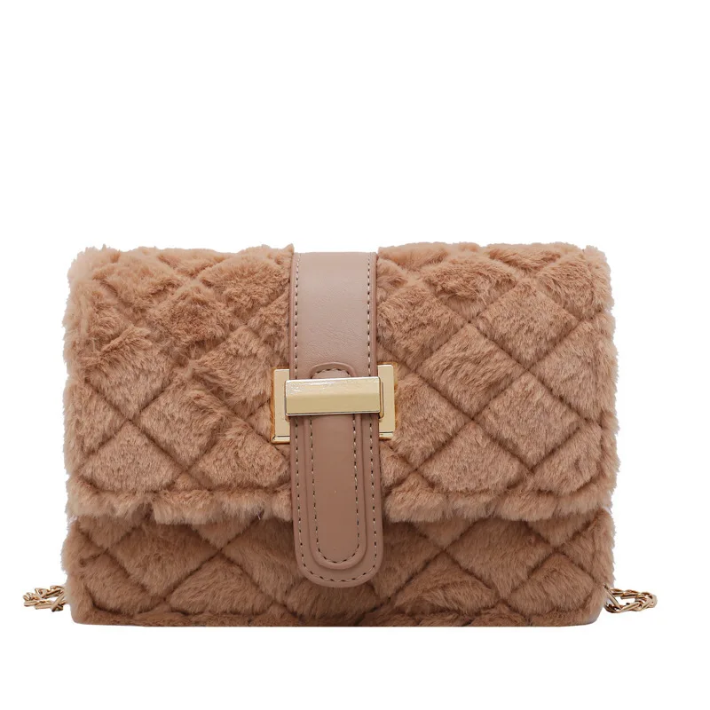 

2020 Winter Fashion Designer Chain Shoulder Bag Lock Ladies Crossbody Bag Soft Faux Fur Handbags for Women