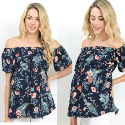 

IHSM12 Women's floral printed chiffon blouse, off shoulder stitching short sleeve maternity top, Customized color