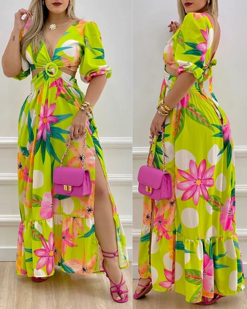 

Elegant Lady Long Sleeve Retro Dress Women V Neck Floral Long Dresses, Green,orange