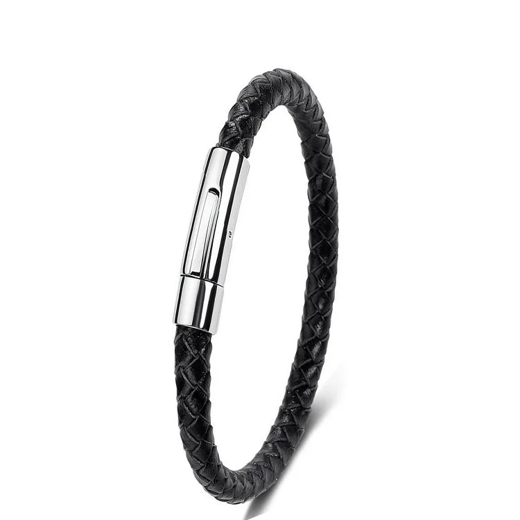 

New Classic Style Men Leather Bracelet Simple Black Stainless Steel Button Neutral Accessories Hand woven Jewelry Gifts, Silver