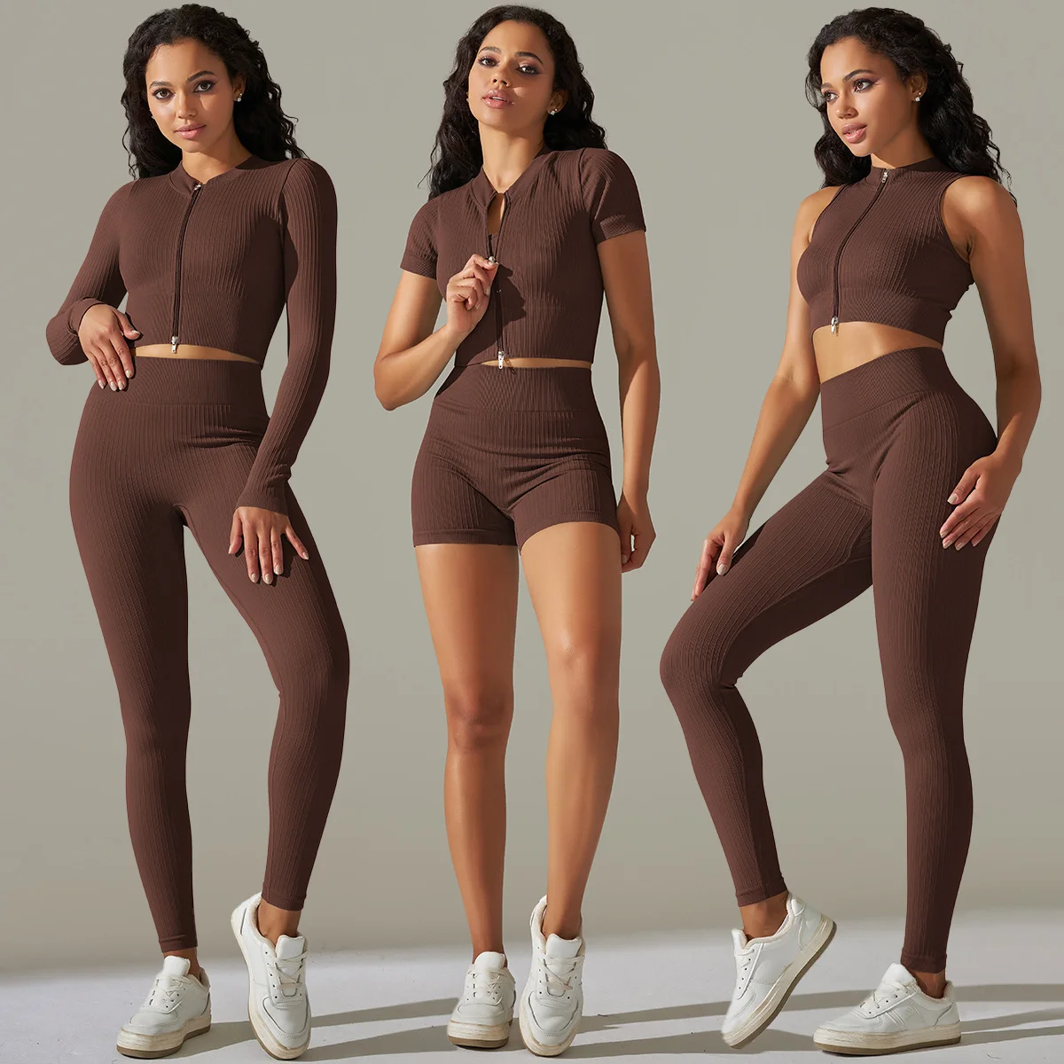 

Aoyema Women 10 Colors 6 Piece Ribbed Yoga Set Zipper Natural Color Activewear Jogger Seamless Sportswear Fitness Gym Clothing