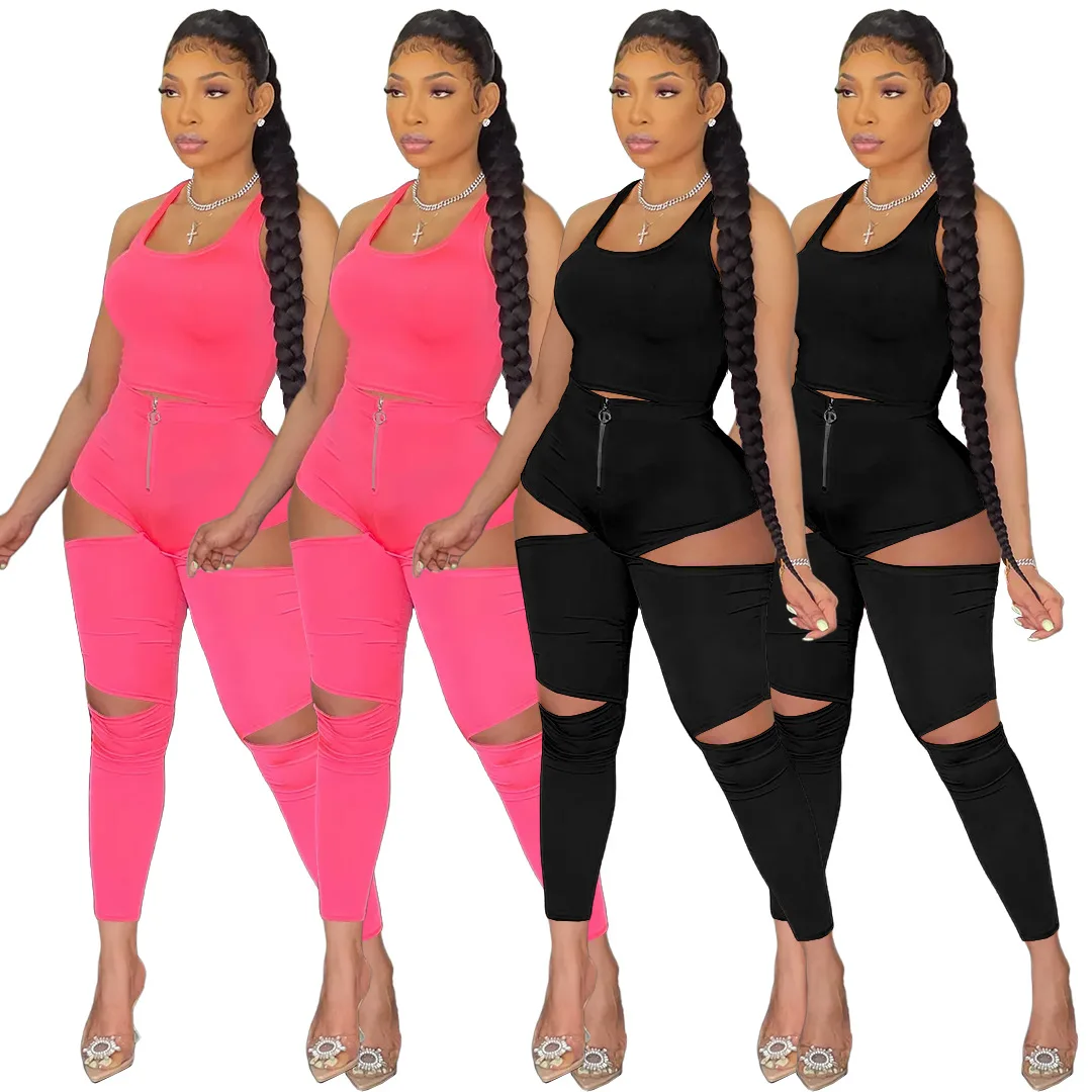 

GL6387 dropshipping bodycon vest women 2 piece sets summer sleeveless outfits for women sexy cut out pants women sets