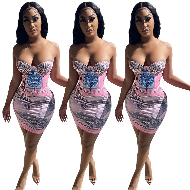 

2021 New Wholesale Strapeless Short Party Dresses Print Ladies Club Dresses Mini Sexy Short Dresses