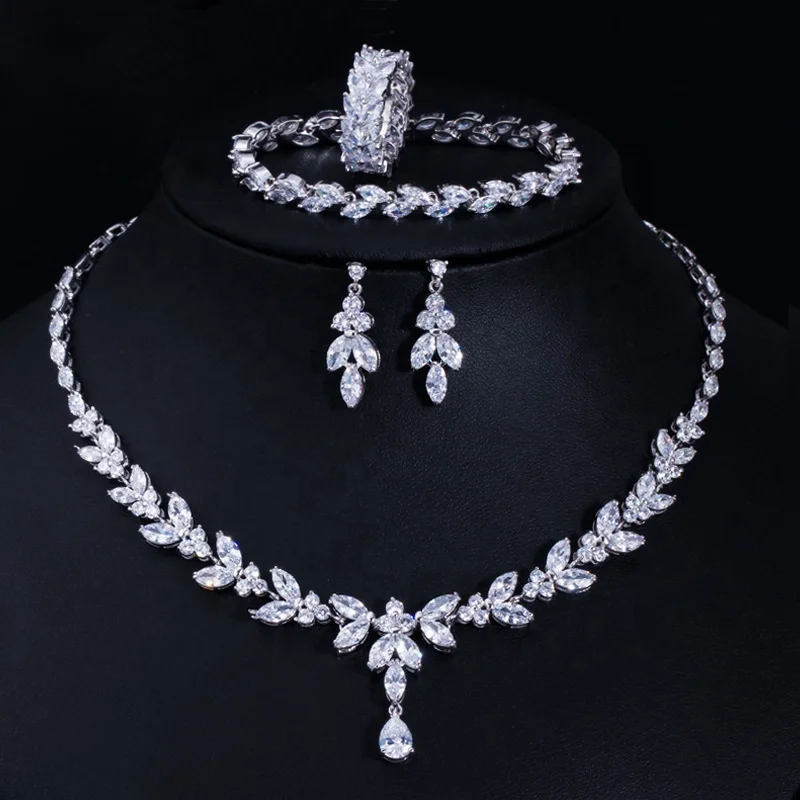 

Korean minimalist wedding jewelry sets 4pc luxury leaf CZ zircon bridal stud earrings band ring pendant choker necklace set