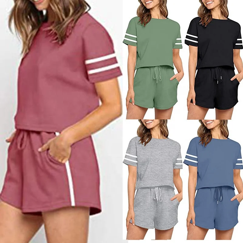 

Enssy Cotton Striped sports 2 Piece Short Pants summer High Quality Casual Solid color 2021 womens loungewear