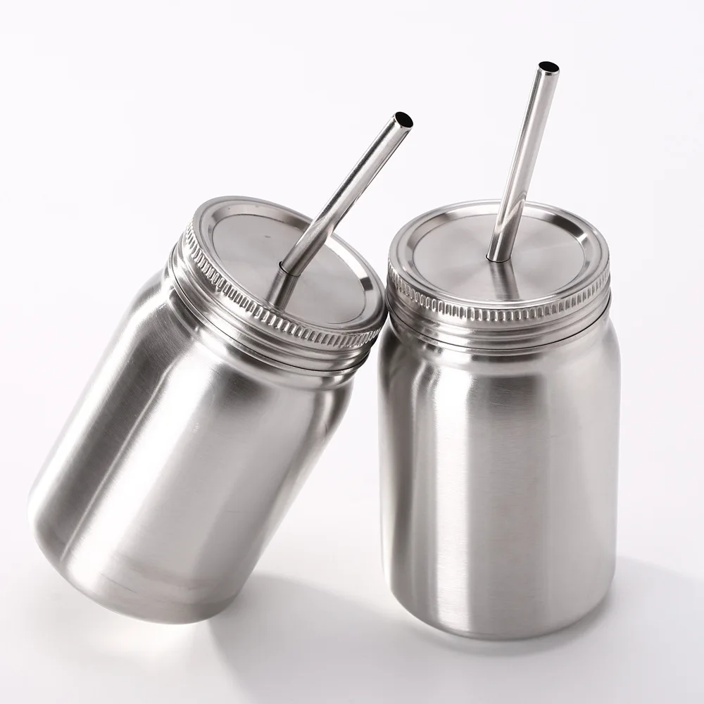 

Wholesale promotional 16oz 500ml wide mouth double wall stainless steel mason jar with straw, Customized color