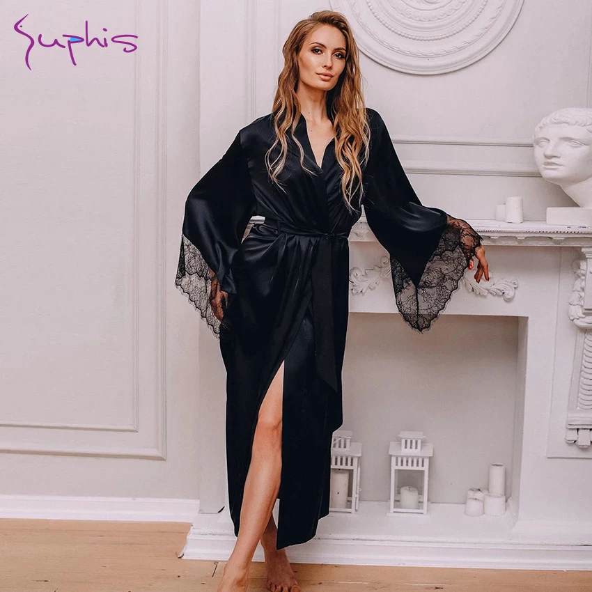 

Suphis Women's Dressing Gown Lace-Up Peignoirs Sleepwear Full Sleeves Nightdress Satin Nightgowns Lace Patchwork Nightie Robe