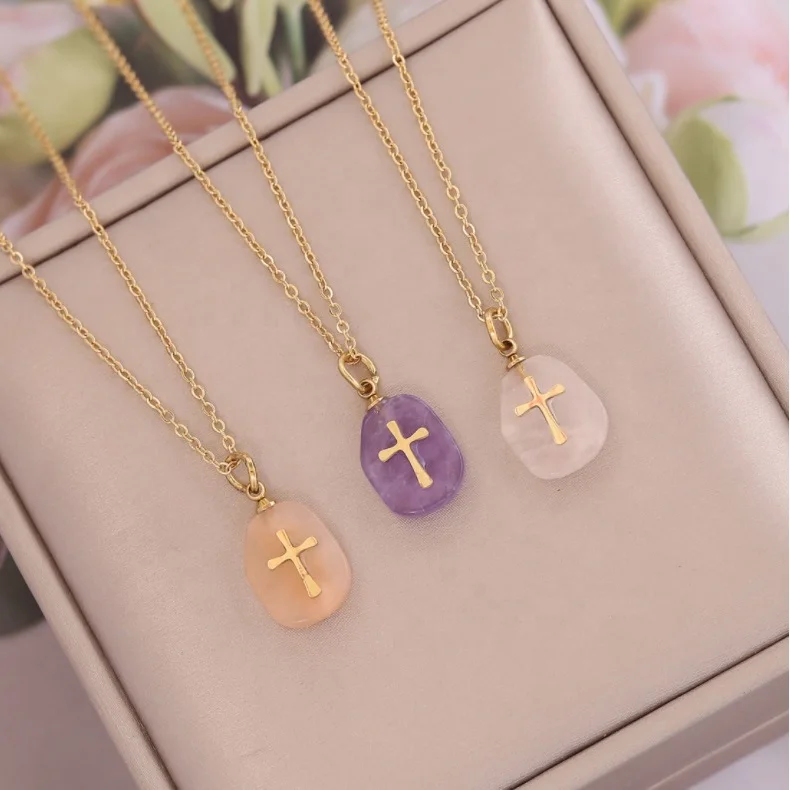 

Fashion Korean Designer Stainless Steel Pendant Necklace Natural stone Healing Amethyst Charms Cross Gold Necklace Jewelry