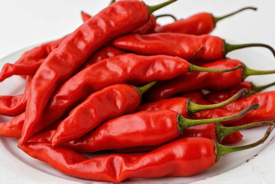 Verschiedene getrocknete rote Chilischoten, an einer Schnur in der Küche hängend