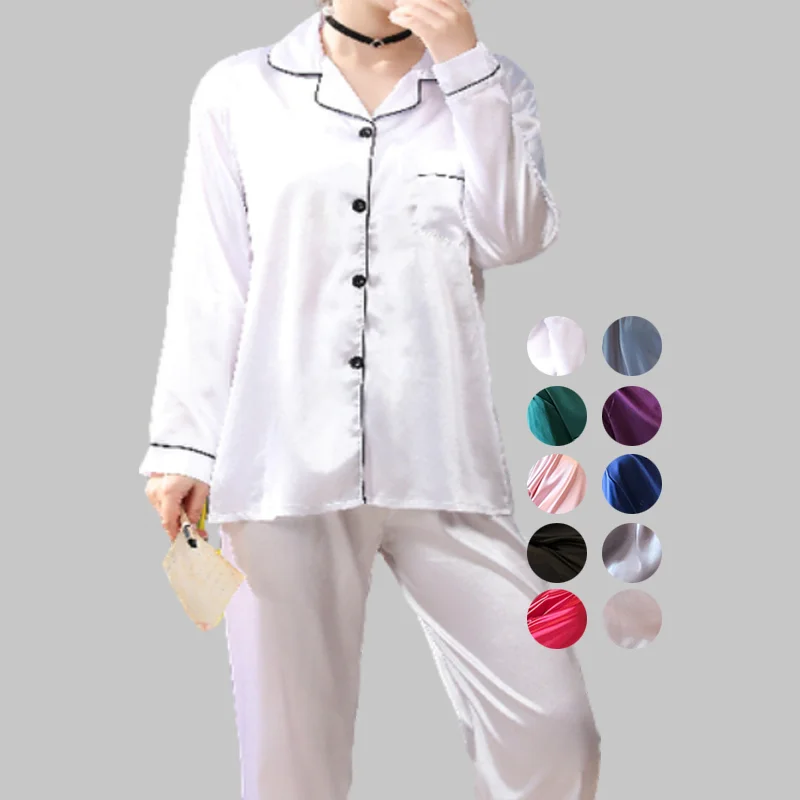 

luxury Solid Color Turn-down Collar Full Sleeve Length Pajama Sets Women Sleepwear Satin Silk Nightie Set