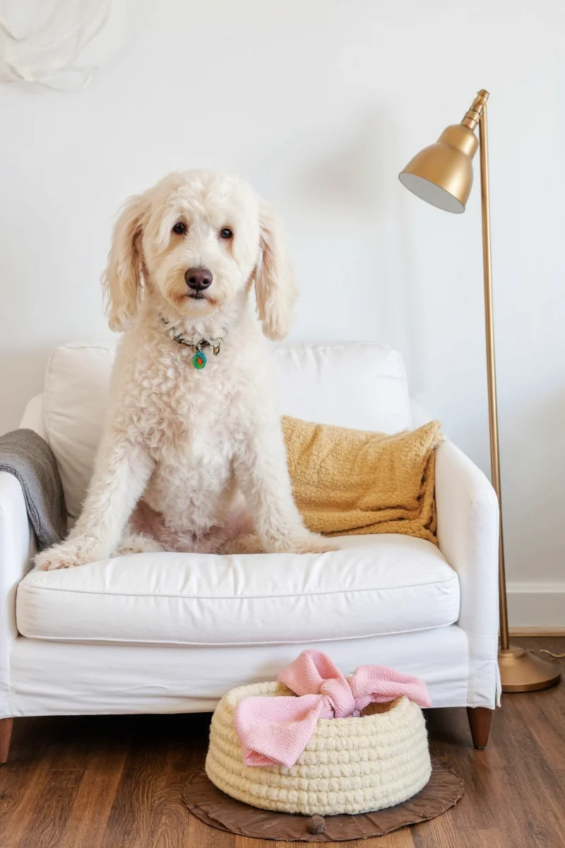Furhaven pet bed in navy blue, matching the living room's color scheme, with a removable cover shown folded beside it.