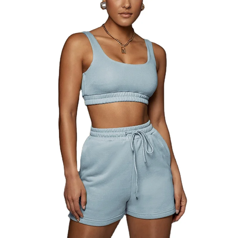 

2 Piece set Tracksuits Casual Wear cotton fleece sports bra Shorts Ladies Summer Comfort Tracksuit for Women, Accept customization