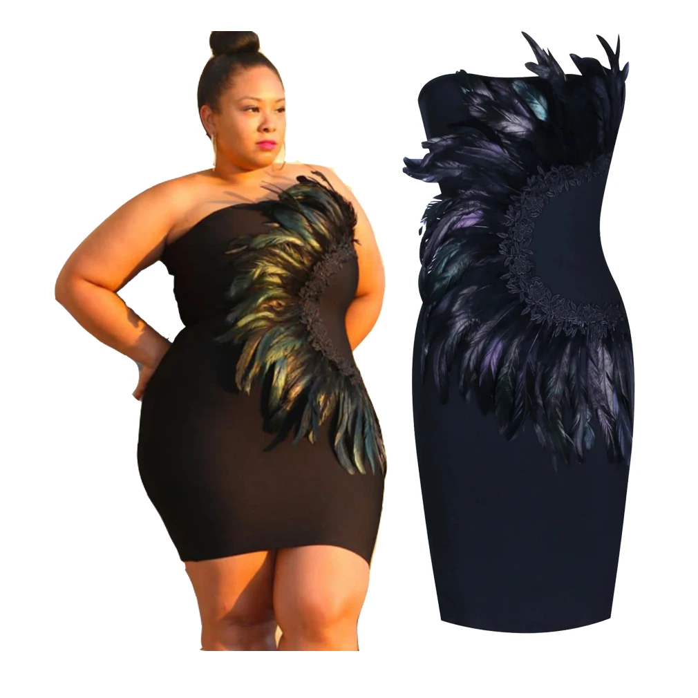 

OEM Strapless Feather Clothes Vendor Vestido De Dama Party Dresses Ladies Clothing Vendors Summer Bandage Plus Size Clothing