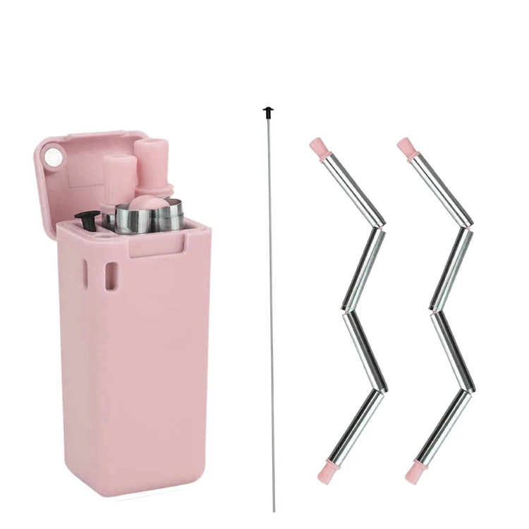 

Stainless steel wholesale folding collapsible metal reusable drinking straw with customized logo, Red;green;blue;yellow;purple;pink