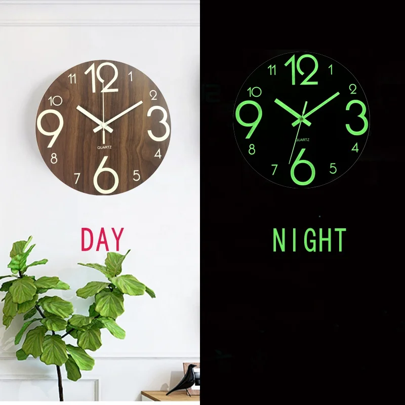 

Amazon hot sell super luminous wooden glow in the dark night light wall clock MDF 12 inch 30cm new simple