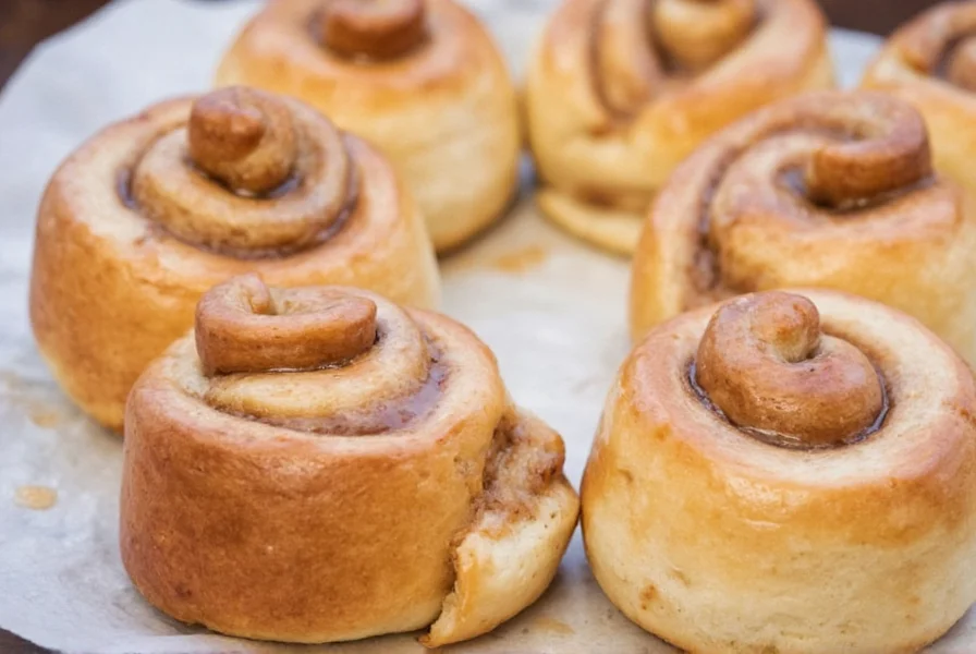 Close-up of glossy cinnamon bun glaze drizzling over freshly baked buns with perfect consistency