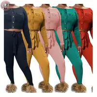 

9091910 hot sale solid button long sleeve crop top rib knitted 2 piece sets women clothing