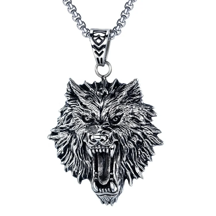 

Nordic Hip Hop 3D Animal Shape Titanium Stainless Steel Men's Necklace Street Trend Retro Wolf Head Pendant Necklace Jewelry, Silver,custom color