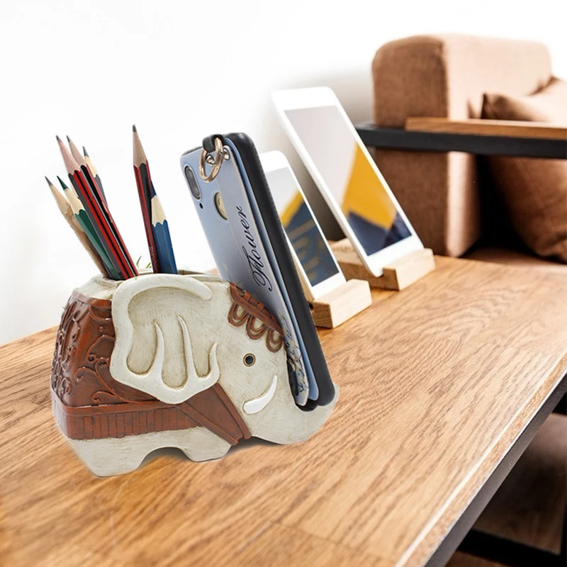 

Customized Elephant Pen Holder Pencil Brush Pot Mobile Phone Holder Polyresin Business Gift Beautiful Desk Table, White blue