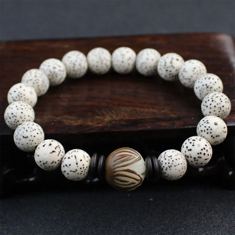 

BW1056 Natural White Bodhi Seed Beads with Carved Lotus Bodhi Mala Seed Bead Buddhist Rosary Bracelet, Multicolor