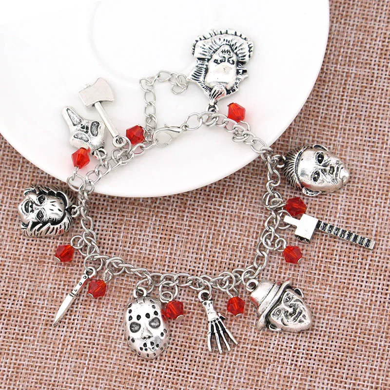 

Hot Sale Chucky Face Stephen Kings IT Penny Wise Jason Hockey Horror Halloween Charm Bracelet For Women Men, As picture