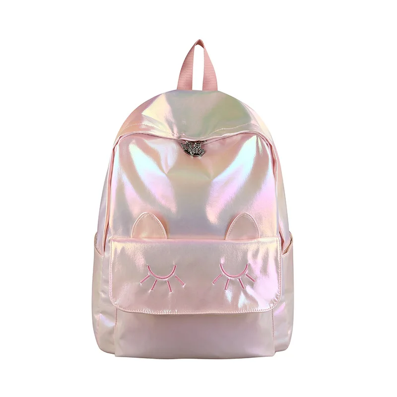 

New Arrival Style Cute Ear Laser Backpack High School Student Backpack Holographic Teenage Girls School Bag, White,pink,blue