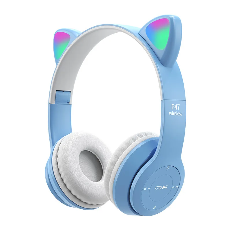 

Newly P47 Cat Ears LED Light Headset V5.0 Headphone Wireless Music Gaming Foldable Headphones, Blue,pink,purple,grey,black