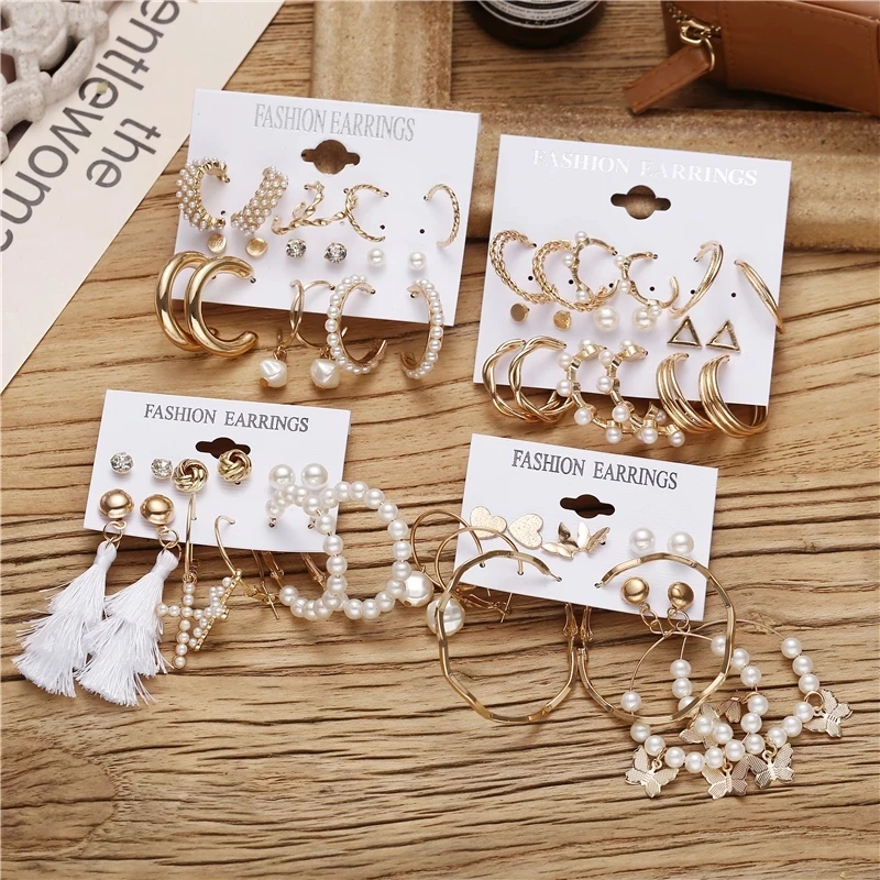 

2021 Trendy Gold Metal Earrings Set Pearl Circle Drop Earrings Jewelry For Women