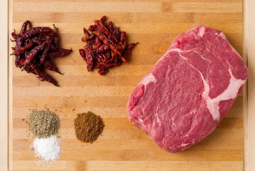 Texas chili recipe ingredients including dried ancho peppers, beef chuck cubes, and traditional spices arranged on wooden cutting board