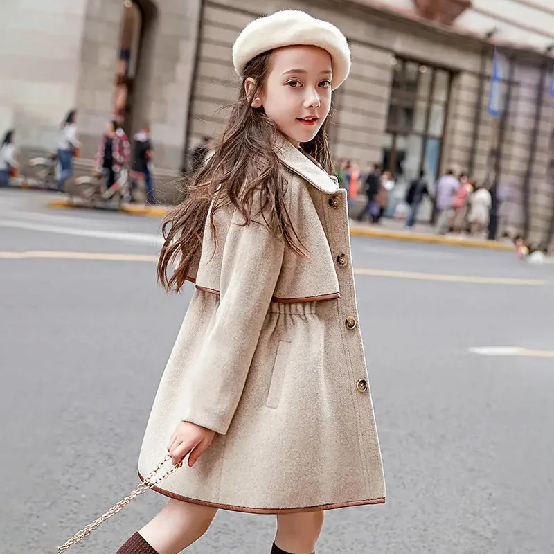 

Hot Sale Classy Style Winter Girls Clothing Kids Windbreaker Light Yellow Thich Kids Winter Wool Coats, Beige